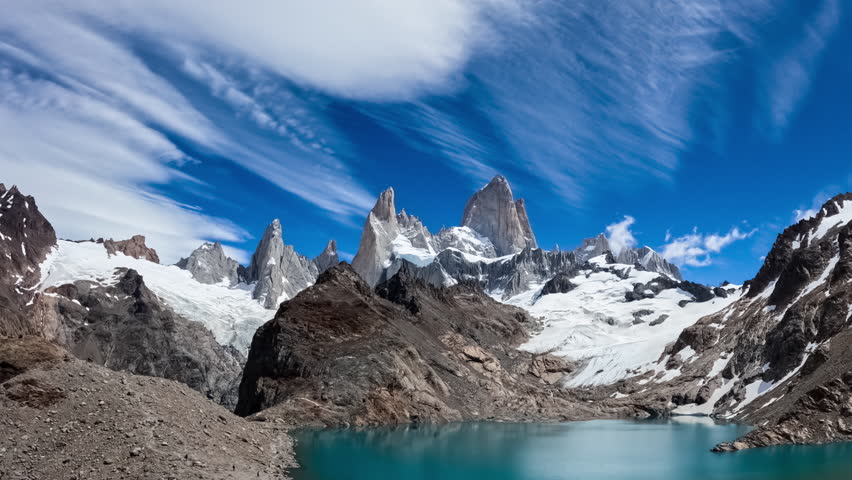 Timelapse of Mount Fitz Roy with Laguna de los Tres in El Chalten, Patagonia Argentina, South America.