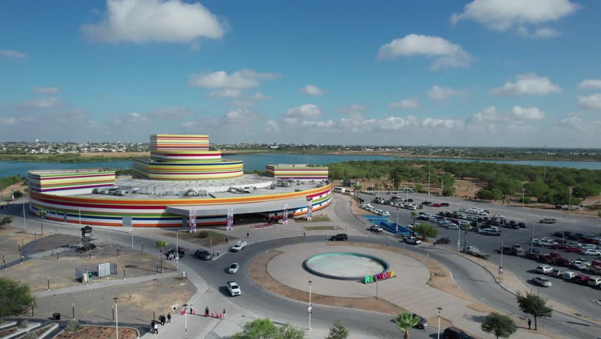 Drone pulling away, unveiling the splendid Reynosa Cultural Park in Mexico.