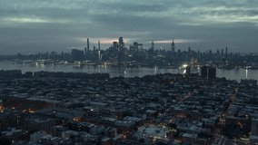 Establishing Aerial View Shot of New York City NY, NYC, United States, magical light, dusk, dawn, evening, Uptown Manhattan
