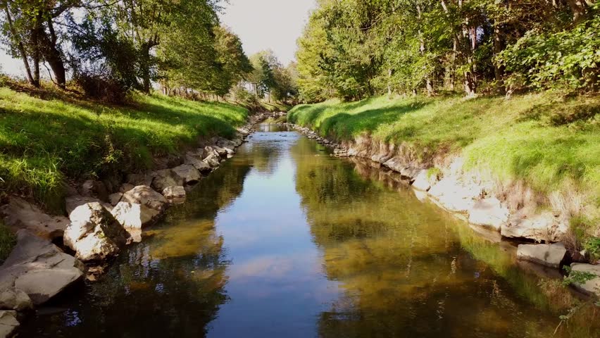 River with stones and trees byside cinematic droneshot