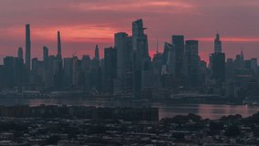 Establishing Aerial View Shot of New York City NY, NYC, United States, Uptown Manhattan, magnificent dawn