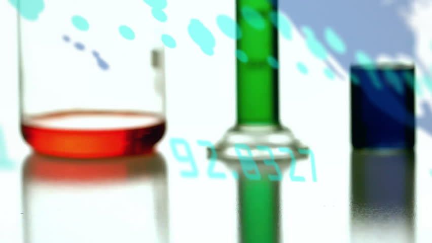 Animation of financial data processing over laboratory beakers. Global science, business, connections, computing and data processing concept digitally generated video.