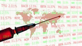 Animation of world map and financial data processing over syringe with needle. Global science, business, connections, computing and data processing concept digitally generated video. - Powered by Shutterstock - Get 15% off with code: PIKWIZARD15