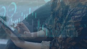 Animation of financial data processing over caucasian man using tablet. Global finance, business, connections, computing and data processing concept digitally generated video. - Powered by Shutterstock - Get 15% off with code: PIKWIZARD15