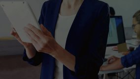 Animation of financial data processing over caucasian businesswoman using tablet. Global finance, business, connections, computing and data processing concept digitally generated video. - Powered by Shutterstock - Get 15% off with code: PIKWIZARD15