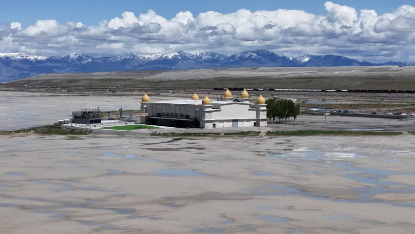 Aerial approach on The Great Saltair, Salt Lake City, Utah from the direction of the Great Salt Lake