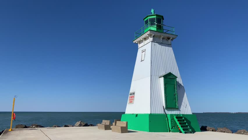 The Port Dalhousie Range Front Lighthouse at the end of the Port Dalhousie east pier mouth to Martindale Pond in St. Catharines, Ontario, Canada, along the Great Lakes.