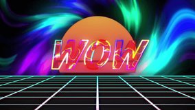 Animation of wow text over colourful light trails and digital sun on black background. Communication, shapes and retro future concept digitally generated video. - Powered by Shutterstock - Get 15% off with code: PIKWIZARD15