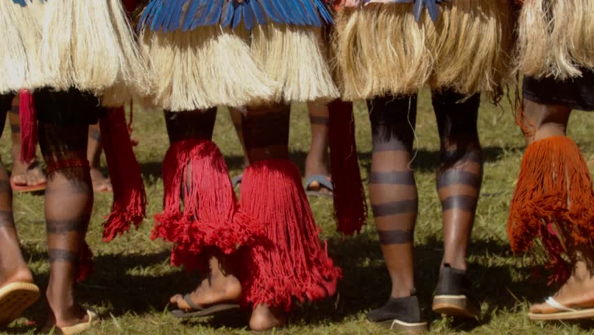 Indigenous Amazonian Dancers' Legs with Striped Paint and Red Grass Skirts, Dancing in Slow Motion