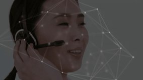 Animation of network of connections over asian businesswoman using phone headset in office. Global finance, business, connections, computing and data processing concept digitally generated video. - Powered by Shutterstock - Get 15% off with code: PIKWIZARD15