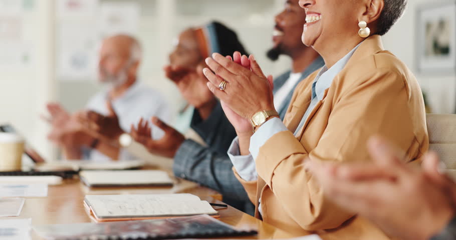 Business people, applause and group with hands in meeting with cheers, training or agreement for b2b deal. Men, women and team celebration in boardroom for project, announcement and winning in office