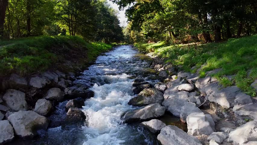 River with stones and trees byside waterfalls