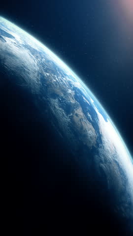 Vertical format : A cinematic rendering of planet Earth during sunrise as view from space with vibrant blue sky atmosphere