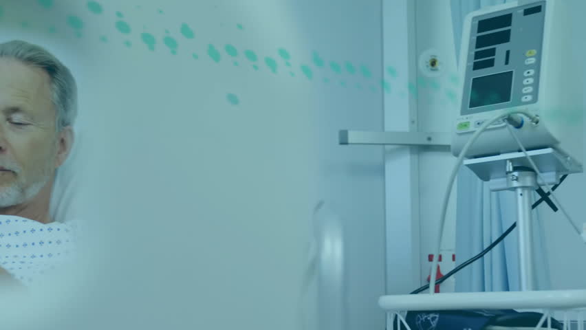 Animation of financial data processing over senior caucasian patient using tablet in hospital. Global medicine, healthcare, computing and digital interface concept digitally generated video. - Powered by Shutterstock - Get 15% off with code: PIKWIZARD15