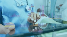 Animation of financial data processing over caucasian female doctor using tablet in hospital. Global medicine, healthcare, computing and digital interface concept digitally generated video. - Powered by Shutterstock - Get 15% off with code: PIKWIZARD15