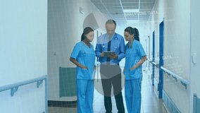 Animation of financial data processing over diverse doctors discussing work in hospital. Global medicine, healthcare, computing and digital interface concept digitally generated video. - Powered by Shutterstock - Get 15% off with code: PIKWIZARD15