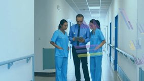 Animation of financial data processing over diverse doctors discussing work in hospital. Global medicine, healthcare, computing and digital interface concept digitally generated video.