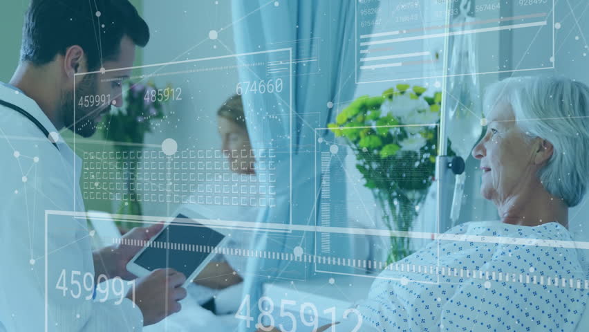 Animation of financial data processing over diverse doctor and patient in hospital. Global medicine, healthcare, computing and digital interface concept digitally generated video. - Powered by Shutterstock - Get 15% off with code: PIKWIZARD15