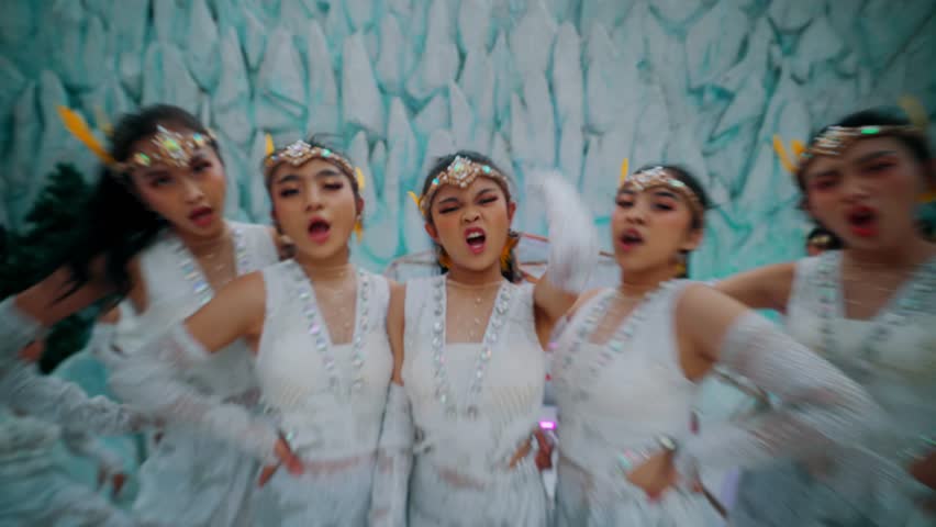 Group of people in whimsical winter costumes posing in a snowy, ice-themed setting during the morning