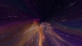 Wormhole through time and space. Space curvature. Hyper jump in space in hyperspace among colorful stars, galaxies and nebulae. Flying through space tunnel. Elements of this video furnished by NASA.