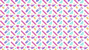 Retro pattern of pencil, apple, paper airplane background animation