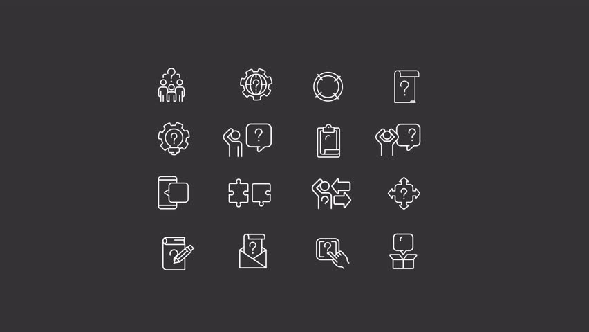 Animated question white line icons. Communication. Decision making. Solve problems. Seamless loop HD video with alpha channel on transparent background. Motion graphic design set for night mode