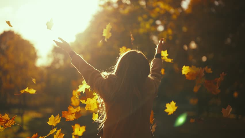 Young woman having positive good mood throwing fallen maple leaves in air in sunny autumn weather in park, back view. Outdoors recreation entertainment in fall season, woman leaves, freedom concept.