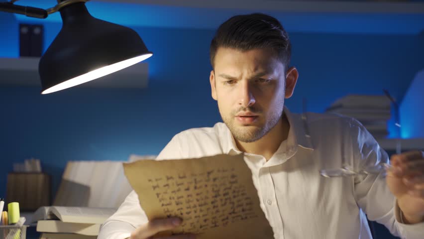 Serious historian studying the historical letter written in the medieval alphabet.