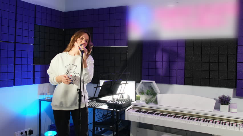 Female vocalist engages in singing session in professional music studio. Lady prepares for musical concert learning new song slow motion