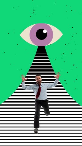 Stop motion, animation. Businessman running from influence isolated over green background. Conceptual image. Giant eye controlling person. Concept of influence, business, manipulation, pressure