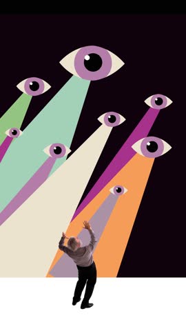 Fear of condemnation. Senior man suffering from social pressure. Many eyes looking, making impact on a person. Concept of influence, manipulation and addiction. Inner world, psychology, diversity.