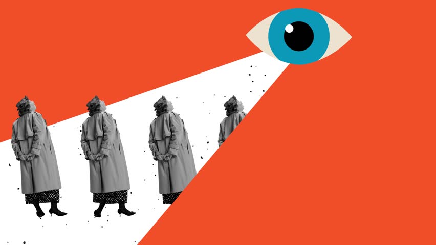 Advice. Stop motion, animation. Woman standing under big eye making influence isolated over red background. Social pressure. Concept of manipulation and addiction. Inner world, psychology, diversity.