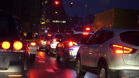 Vilnius, Lithuania - circa December, 2017: Morning heavy traffic, traffic jams