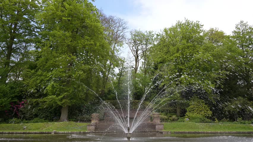 A running fountain in the middle of calm water pond under a blue cloudy sky during the early sprint time