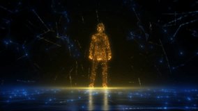 Beautiful Multicolored Animation of Hyper Connected Digital Human Figure Standing. Abstract Cyber Space, Virtual Augmented Reality Metaverse. Bright Blue and Orange Connected Particles. - Powered by Shutterstock - Get 15% off with code: PIKWIZARD15