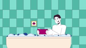 Asian man using smartphone while bathing line cartoon animation. Careless behavior in bathroom 4K video motion graphic. Japanese male in danger 2D linear animated character on interior background