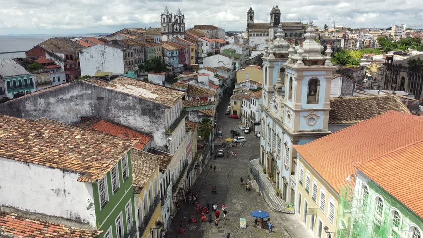 Pelourinho Salvador Bahia Brazil Historic District Architecture Colonial Buildings Cobblestone Streets Churches Museums Cultural Heritage Tourists Landmark UNESCO World Heritage Site Colorful Houses Royalty-Free Stock Footage #3492371993