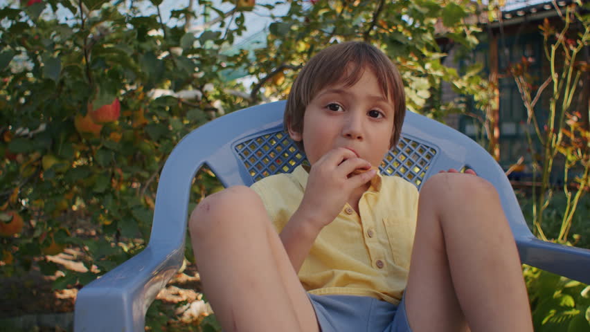 Boy sitting on a chair eating a biscuit in a garden. Casual outdoor relaxation and simple pleasures concept. Design for lifestyle blog, family leisure article Royalty-Free Stock Footage #3492409197