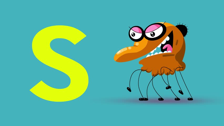 S letter big black like spider cartoon animation. Animal loop. Educational serie with bold style character for children. Good for education movies, presentation, learning alphabet, etc...
