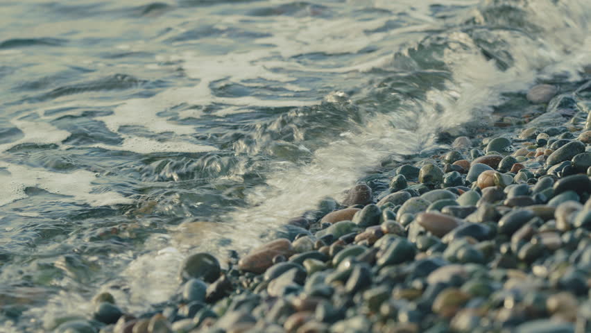 Grainy Pebble And Pebble Stones Tropical Beach. Pebble Seashells Sea Beach Vacation.
