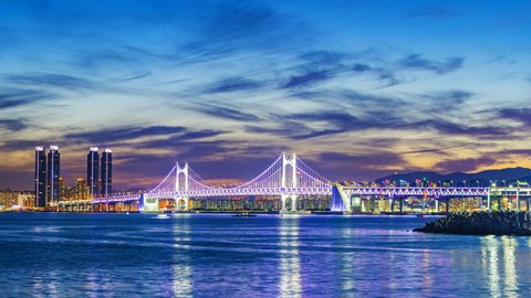 Timelapse of Gwangan Bridge and Haeundae at Sunset, Busan City, South Korea.Timelapse 4k