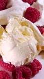 process of preparing sweet delicious waffles in electric waffle iron beat ingredients eggs flour add sugar close-up cooking show recipe. Breakfast with raspberries decorate A set of videos
