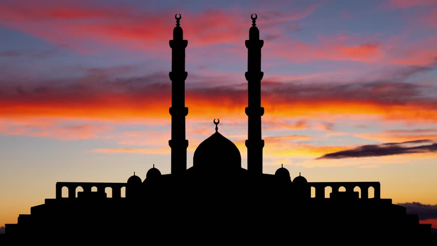 Masjid Misr: Time Lapse at Twilight with Colourful Sky and Dark Silhouette of Grand Mosque in New Administrative Capital of Egypt