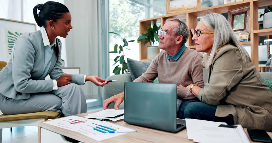 Home, old couple and financial advisor with laptop, savings and planning for retirement and invest. Apartment, broker and employee with mature man, elderly woman and paperwork for budget and mortgage