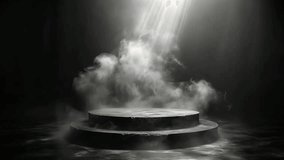 Abstract slow moving wispy white smoke fog spotlight above dark concrete stone podium stage background. Template product presentation. clip mov 4K HD