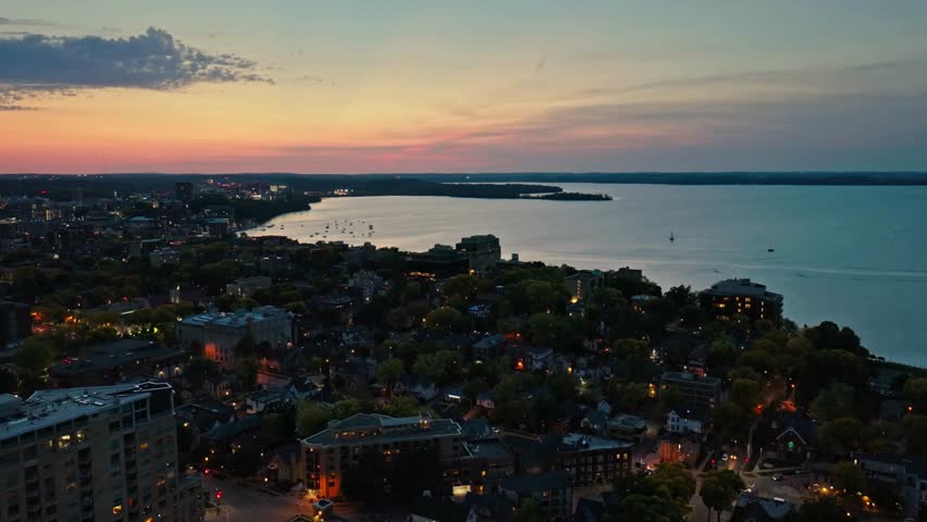 Establishing Aerial Shot of Lake Mendota on a Fall Sunset in Madison, Wisconsin