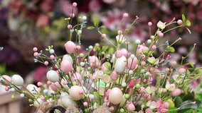 Beautiful composition for Easter Holiday Decoration in Home Decor Store. Close-Up Footage