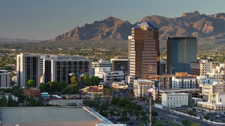 Panning Drone Flight Over Tucson at Sunset