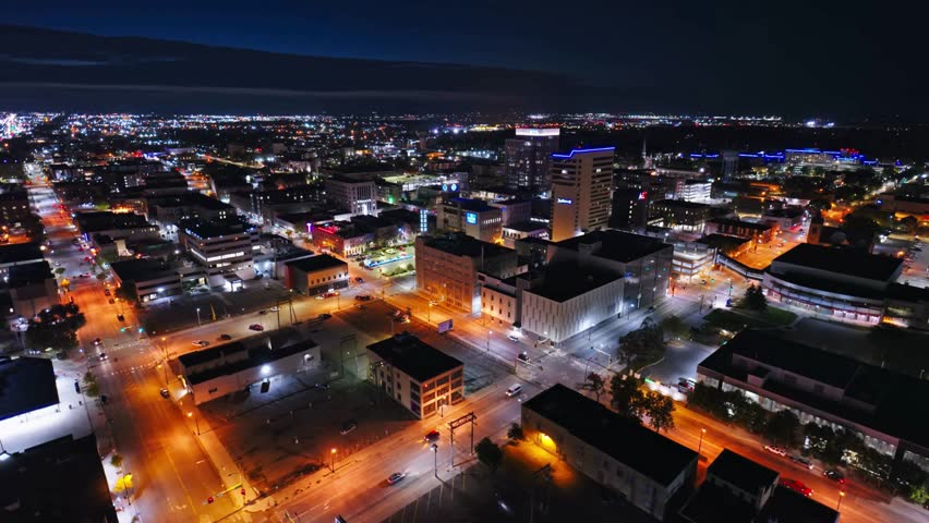 Static Aerial View of Downtown Fargo, North Dakota at Night.