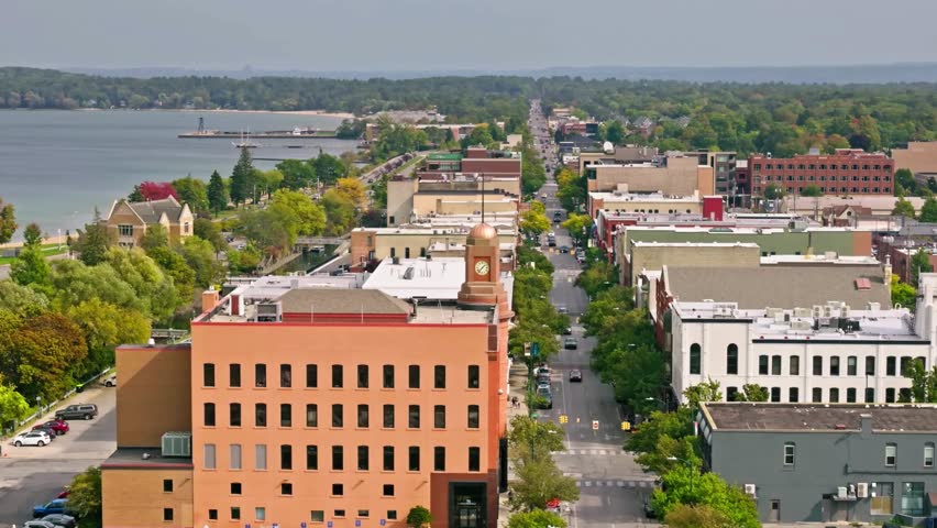 Leftward Aerial Shot of Traverse City, Michigan in Fall.